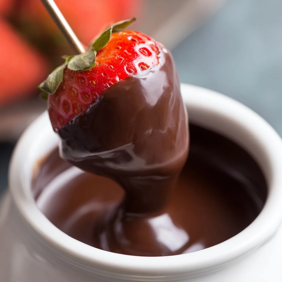 Fresh strawberries, apple wedges, and banana slices wait beside warm Valentine Chocolate Fondue for a sweet, romantic dessert experience.  