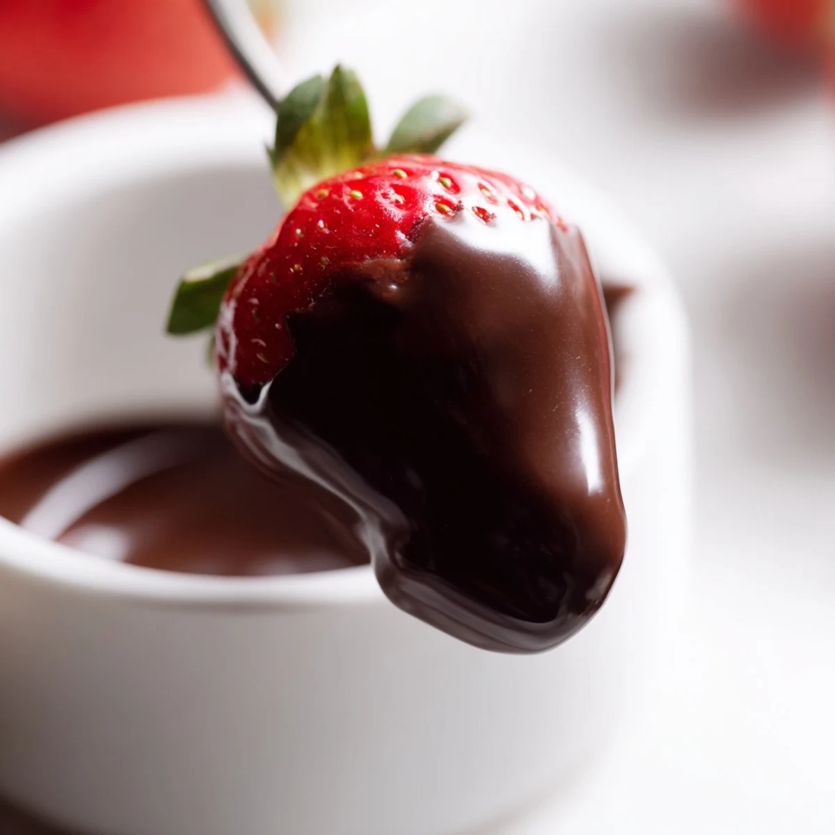 An indulgent Valentine Chocolate Fondue in a ceramic pot sits on a table with colorful fruit and optional marshmallows for dipping.
