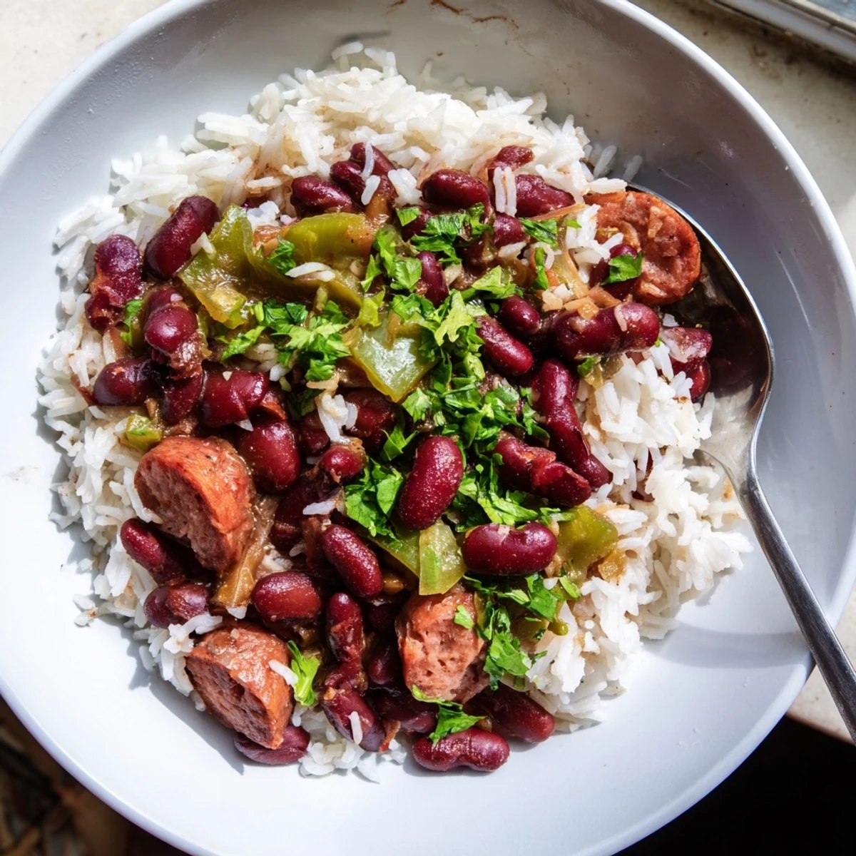Steaming bowl of Red Beans and Rice with Turkey Sausage, featuring tender beans and vibrant bell peppers over fluffy white rice.  
