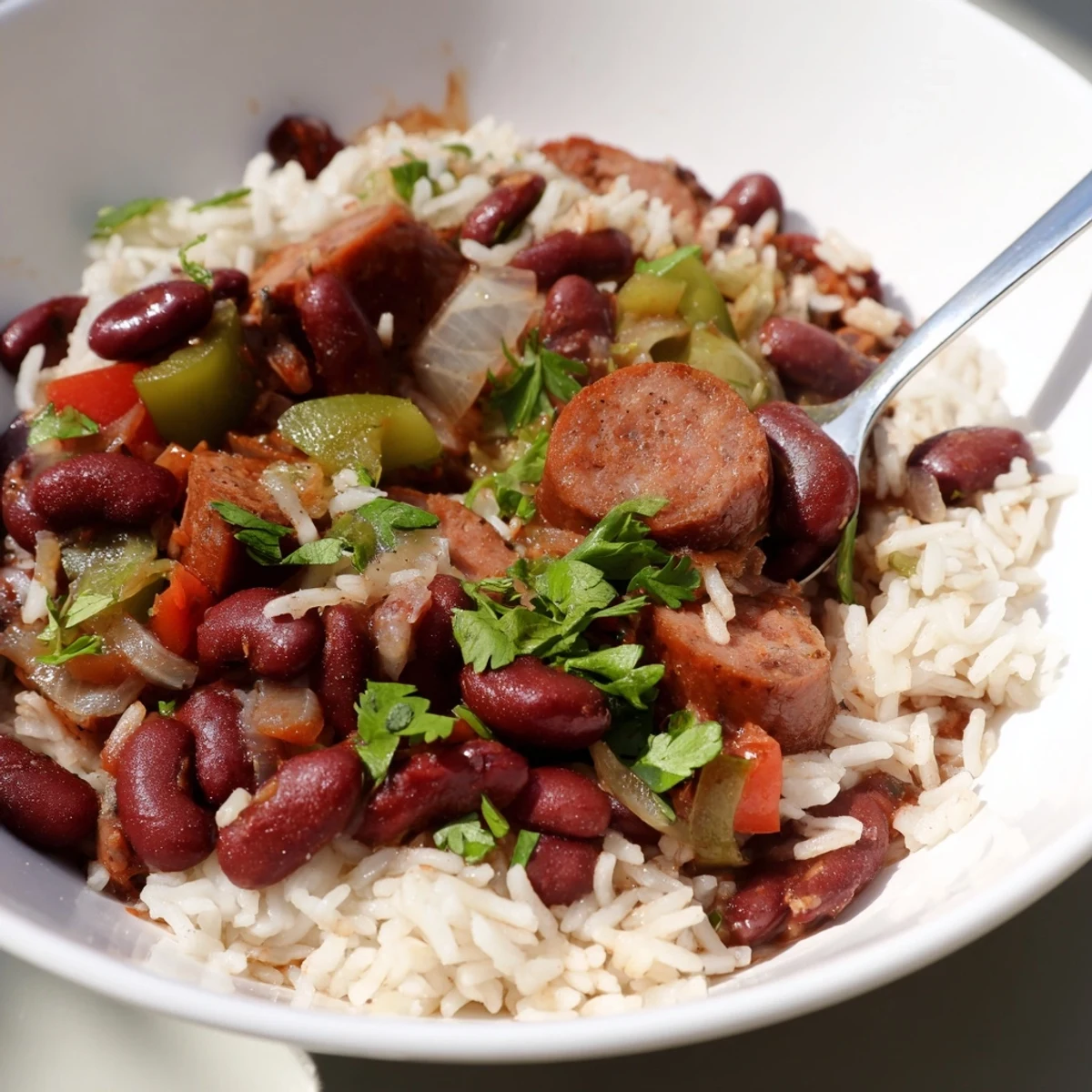 Comforting Southern-style Red Beans and Rice with Turkey Sausage served hot, garnished with fresh parsley and a side of crusty bread.  