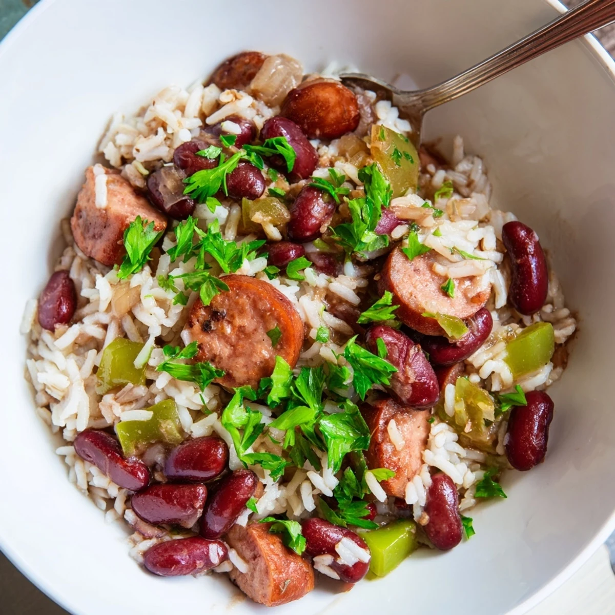 A hearty skillet of Red Beans and Rice with Turkey Sausage, showcasing smoky sausage slices and aromatic vegetables in a rich sauce.