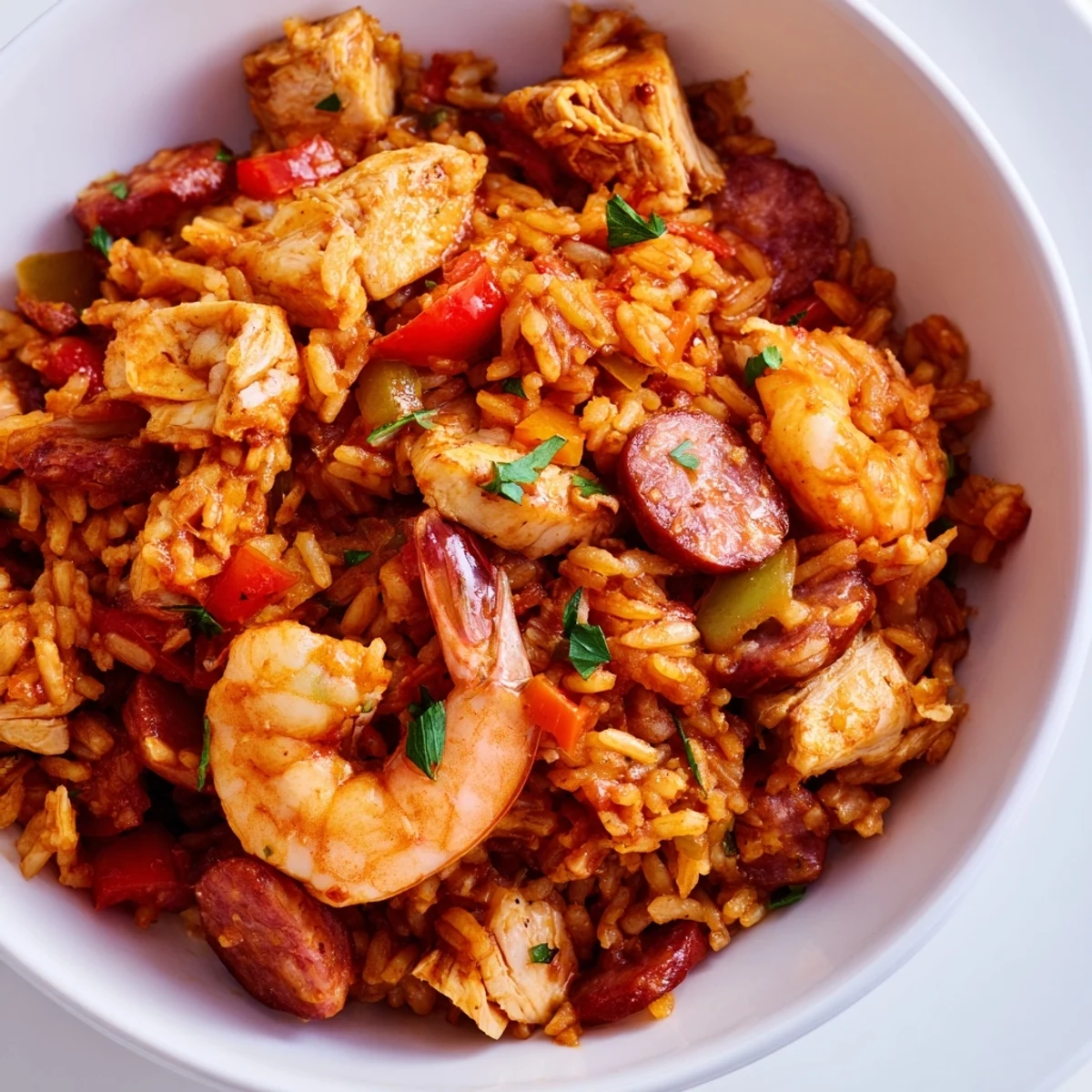 A close-up of Creole Jambalaya with Chicken and Shrimp in a Dutch oven, featuring plump shrimp and golden chicken pieces nestled in vibrant red rice.