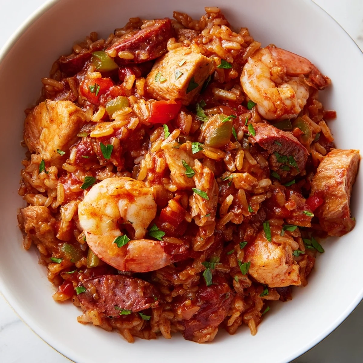 Hearty Creole Jambalaya with Chicken and Shrimp, featuring tender proteins and vegetables in a rich, spicy tomato sauce, served with lemon wedges.