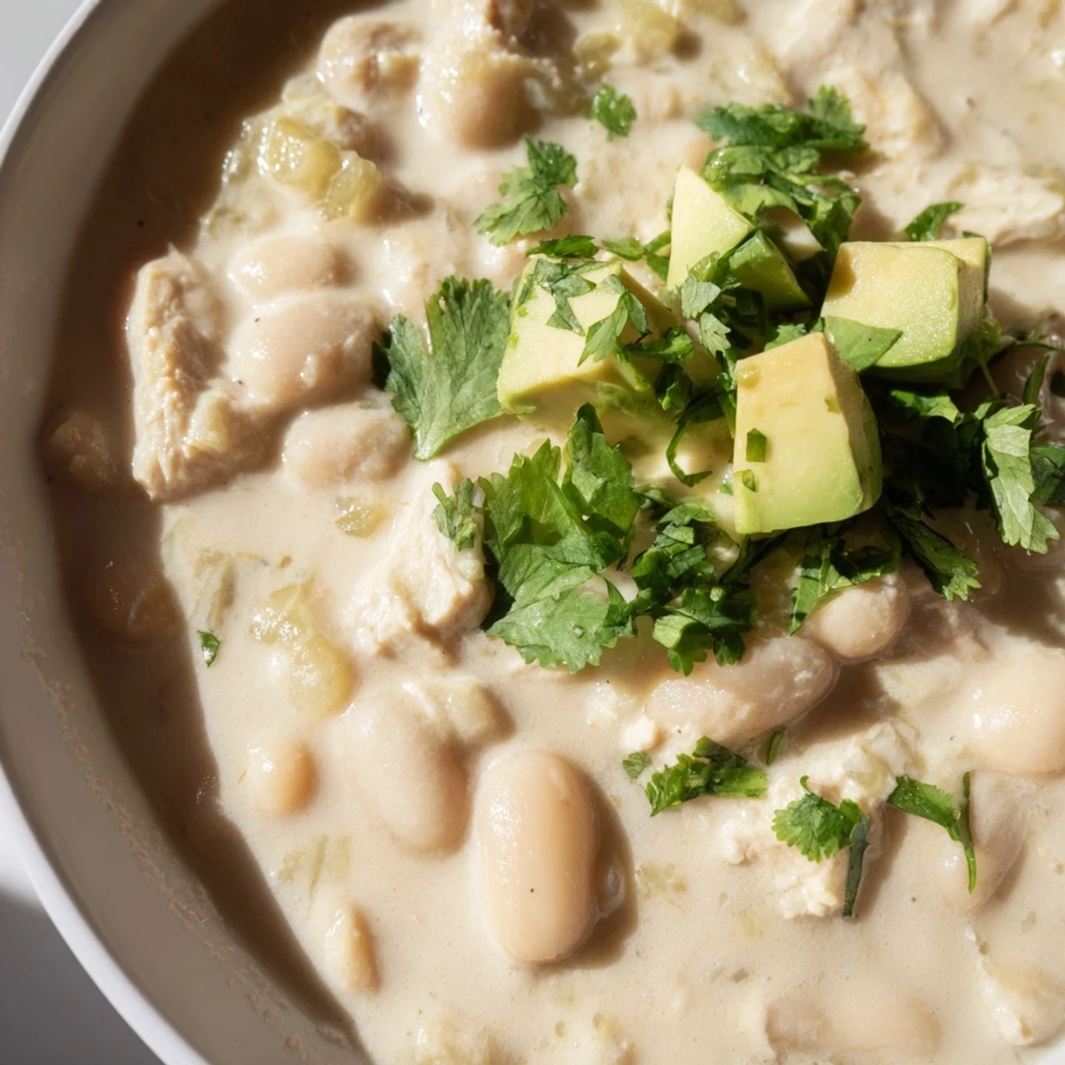 Steam rises from a pot of White Chicken Chili with Great Northern beans, dotted with cilantro and Monterey Jack cheese.