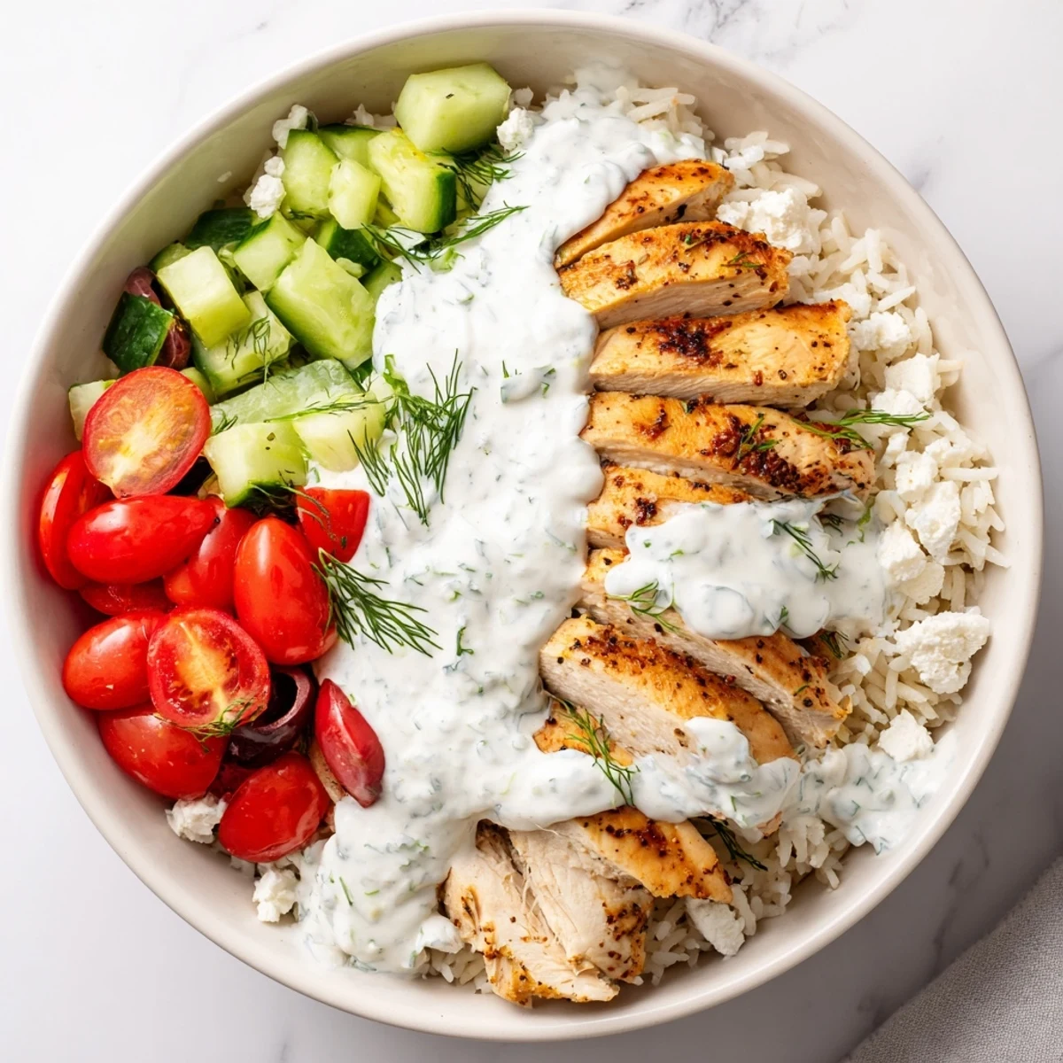 Golden, grilled marinated chicken slices are arranged over fluffy rice, crisp romaine, tomatoes, cucumber, red onion, olives, and crumbled feta in these Greek Chicken Gyro Bowls.