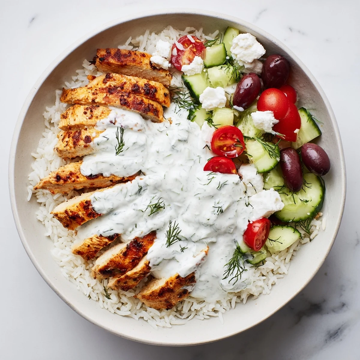 Spoonfuls of creamy homemade tzatziki sauce and a lemon wedge garnish top the vibrant Mediterranean bowl, ready to serve for a gluten-free weeknight dinner.