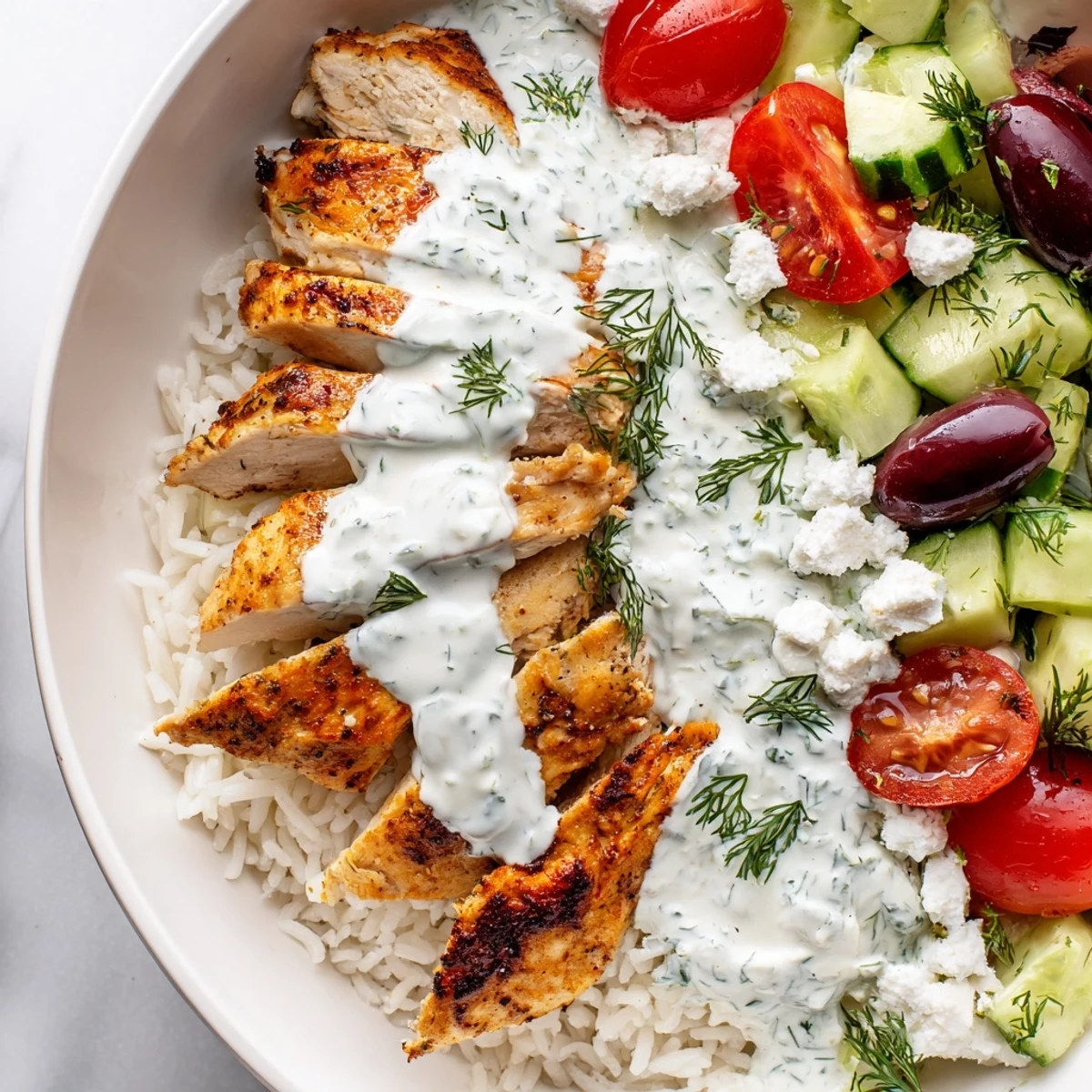 Close-up of Greek Chicken Gyro Bowls with Tzatziki Sauce, featuring juicy chicken, colorful vegetables, and a generous drizzle of cool, garlicky yogurt sauce over warm rice.