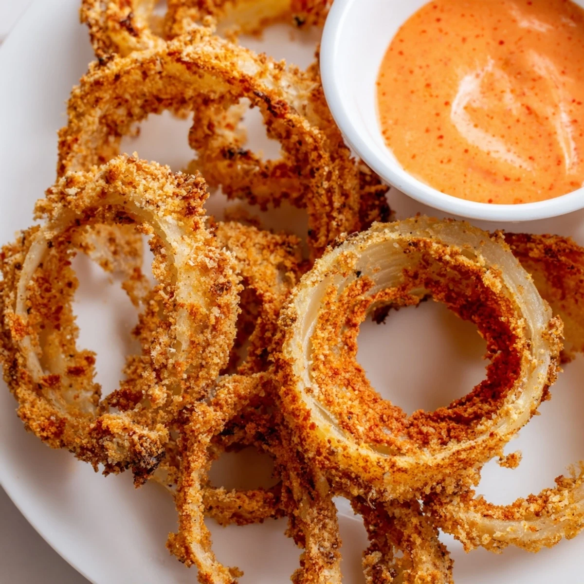 A close-up shows breaded Crispy Onion Rings with Spicy Mayo Dipping Sauce, ready for a party.