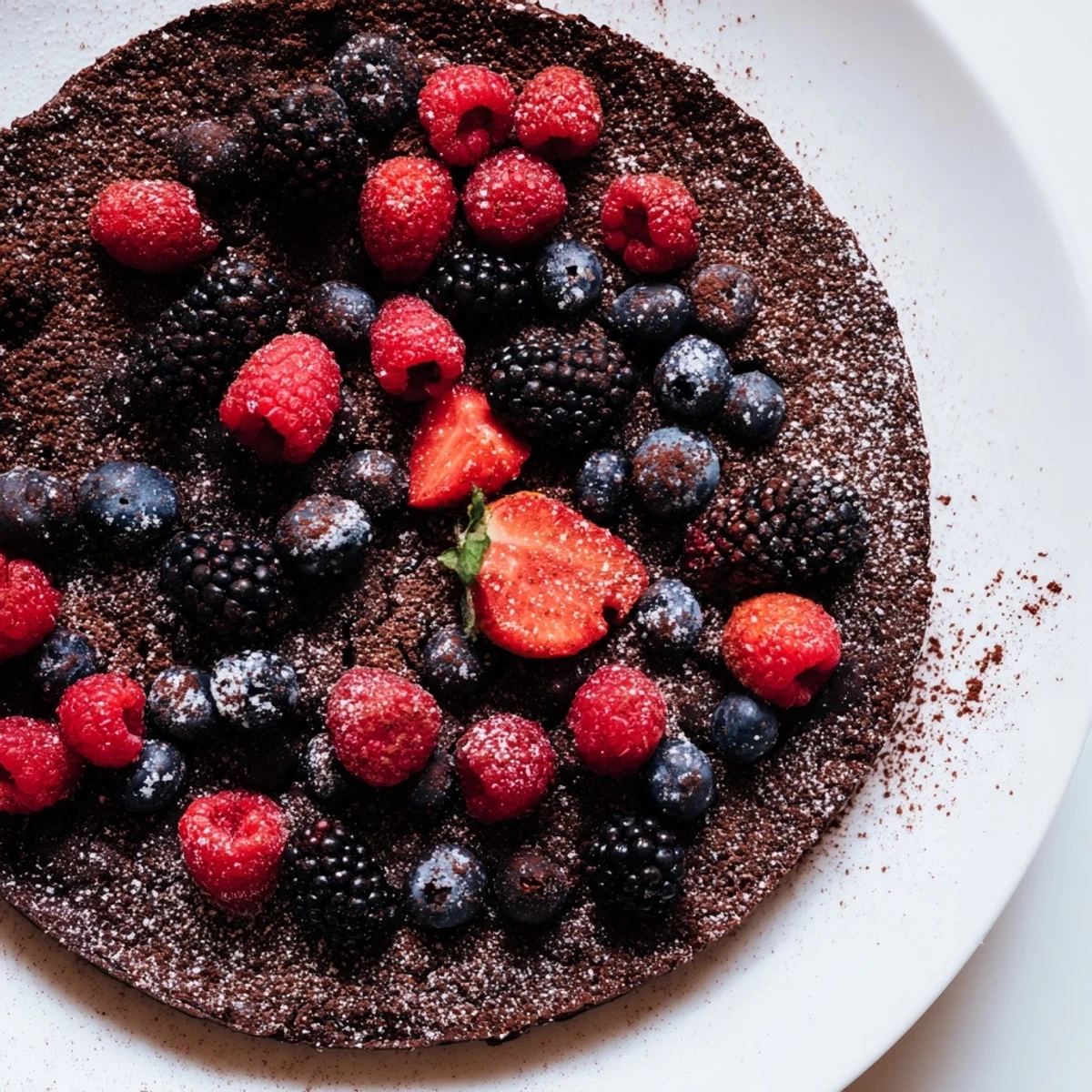 A slice of Decadent Flourless Chocolate Cake with Berries on a white plate, showing a moist, fudgy crumb and glistening fresh berry toppings.