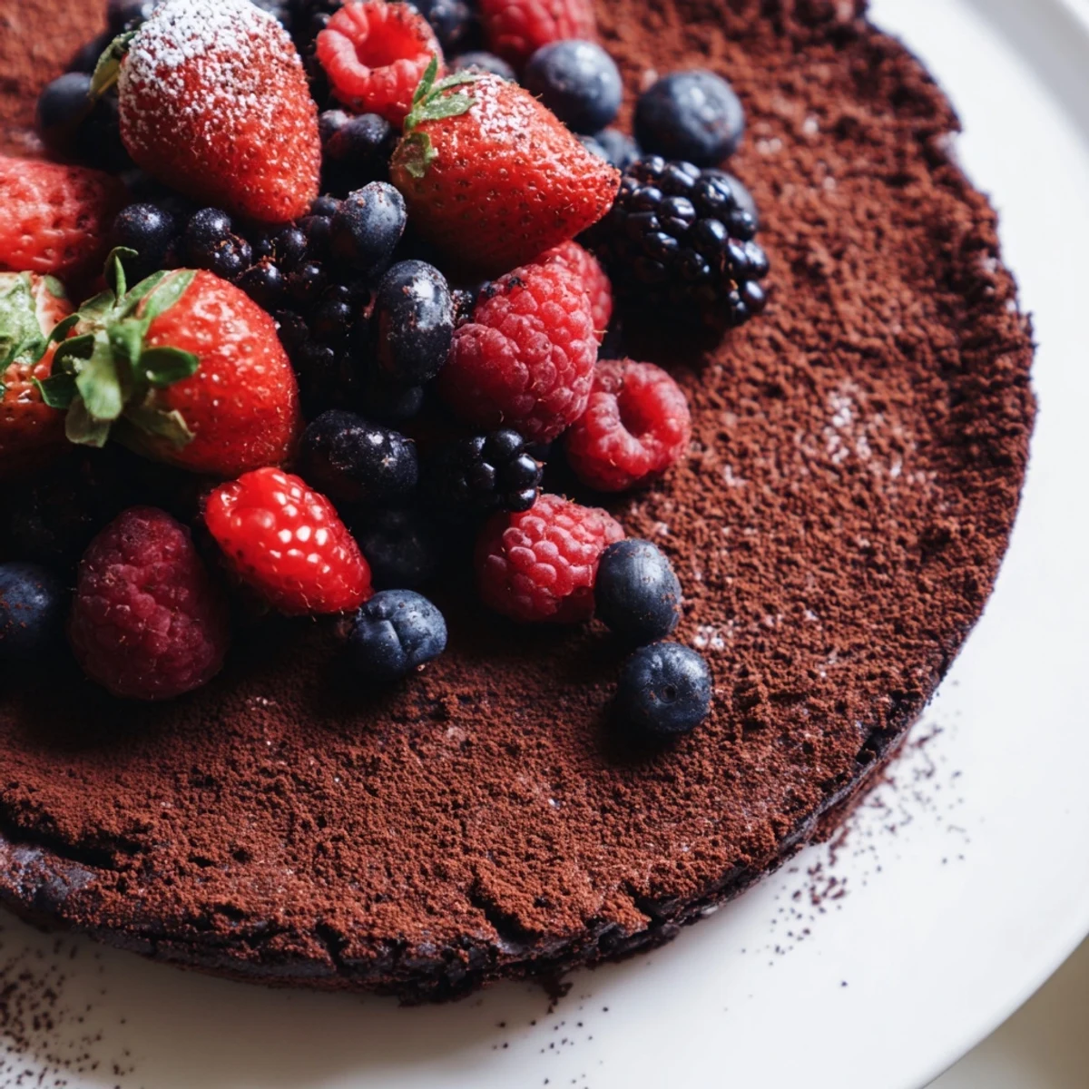 Fresh mixed berries like raspberries and blueberries garnish a close-up of the Decadent Flourless Chocolate Cake, highlighting its gluten-free dessert appeal.