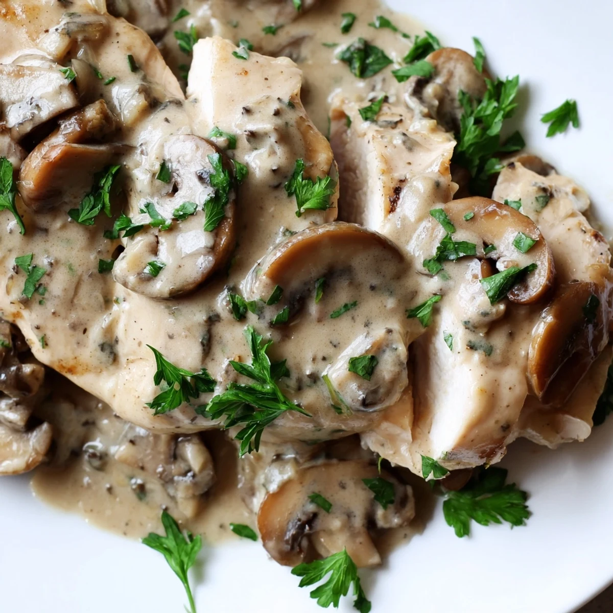 Sizzling skillet of creamy mushroom chicken served over mashed potatoes with a rustic wooden spoon.