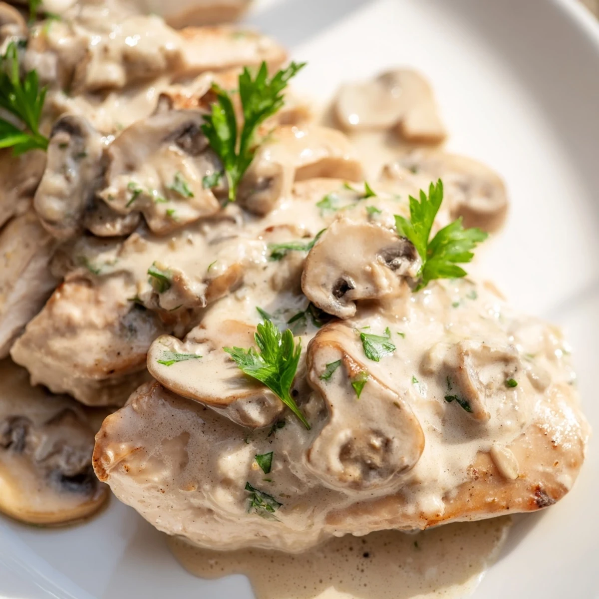 Close-up of creamy mushroom chicken skillet, featuring tender chicken in rich, garlicky mushroom cream sauce.