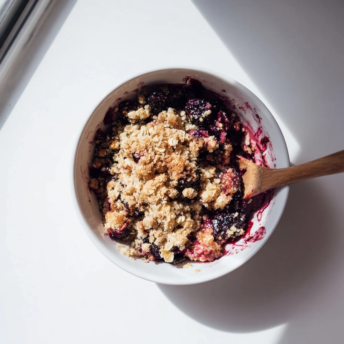 Fork-tender Winter Berry Crumble with Oats in a rustic dish, ready to serve warm with vanilla ice cream.