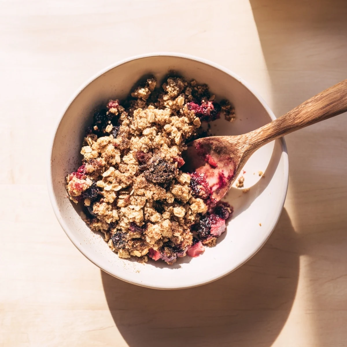 Steaming Winter Berry Crumble with Oats bubbling from the oven, golden oat topping over jewel-toned berries.