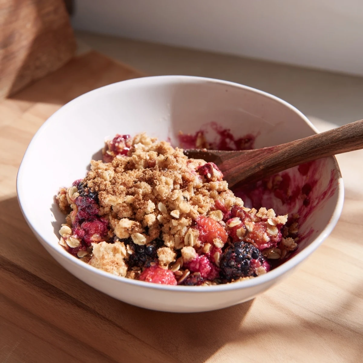 Close-up of Winter Berry Crumble with Oats, showcasing juicy berries and a crisp, buttery oat crumble topping.