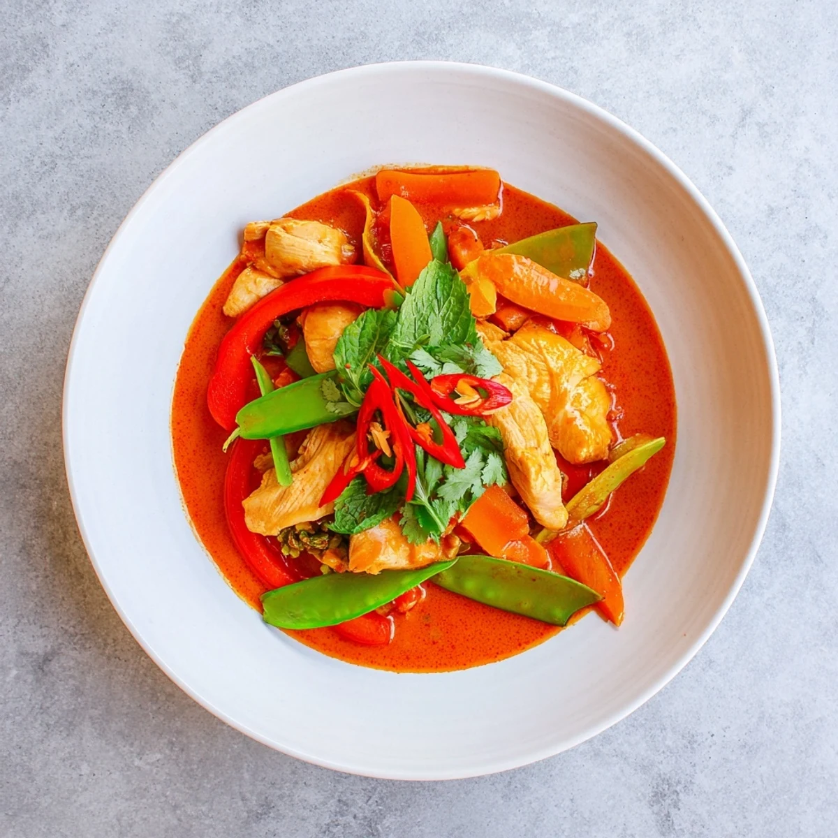 Golden chicken pieces mingle with crisp bell peppers and snow peas in aromatic Thai red curry.  