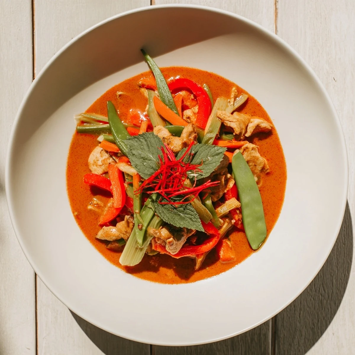 Vibrant Thai red curry with chicken simmers in creamy coconut milk, garnished with Thai basil and fresh cilantro.  