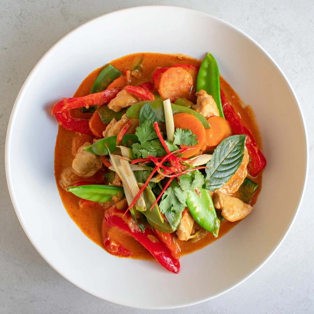 Sizzling Thai red curry with tender chicken and veggies, served over fluffy jasmine rice.