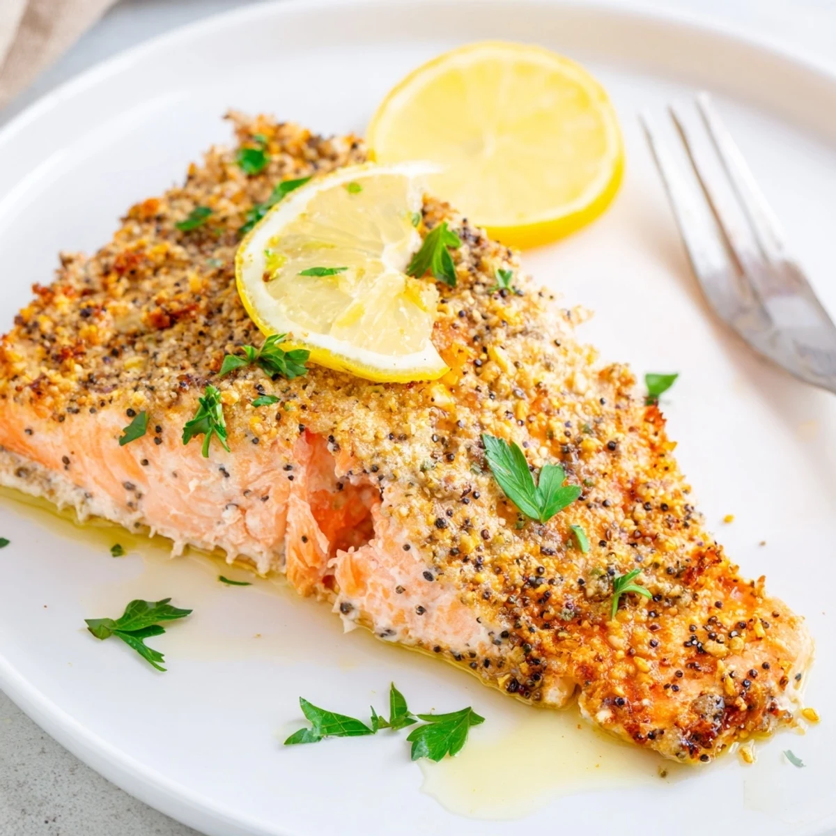 Close-up of Baked Salmon with Lemon Pepper showcasing a zesty crust, ready to serve on a white plate with lemon wedges.
