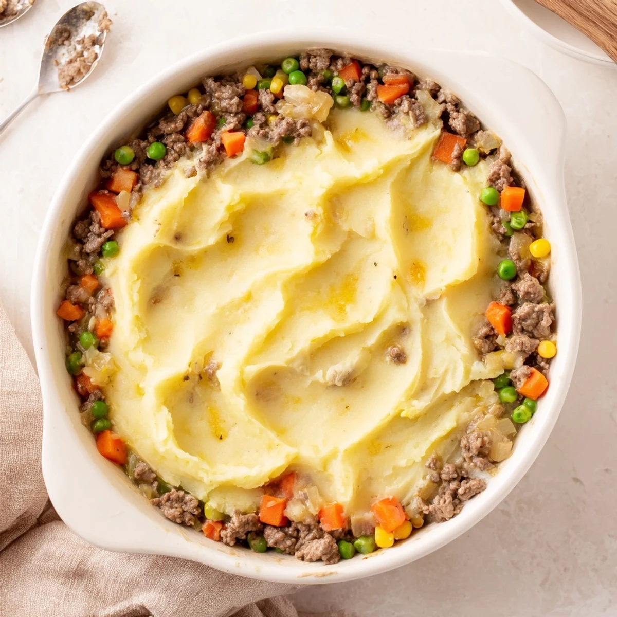 Savory Beef Shepherds Pie with Cauliflower Mash features a rich filling and a creamy white topping.