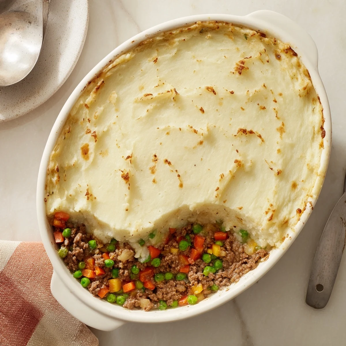 Golden brown Beef Shepherds Pie with Cauliflower Mash bubbling in a ceramic dish, ready to serve.
