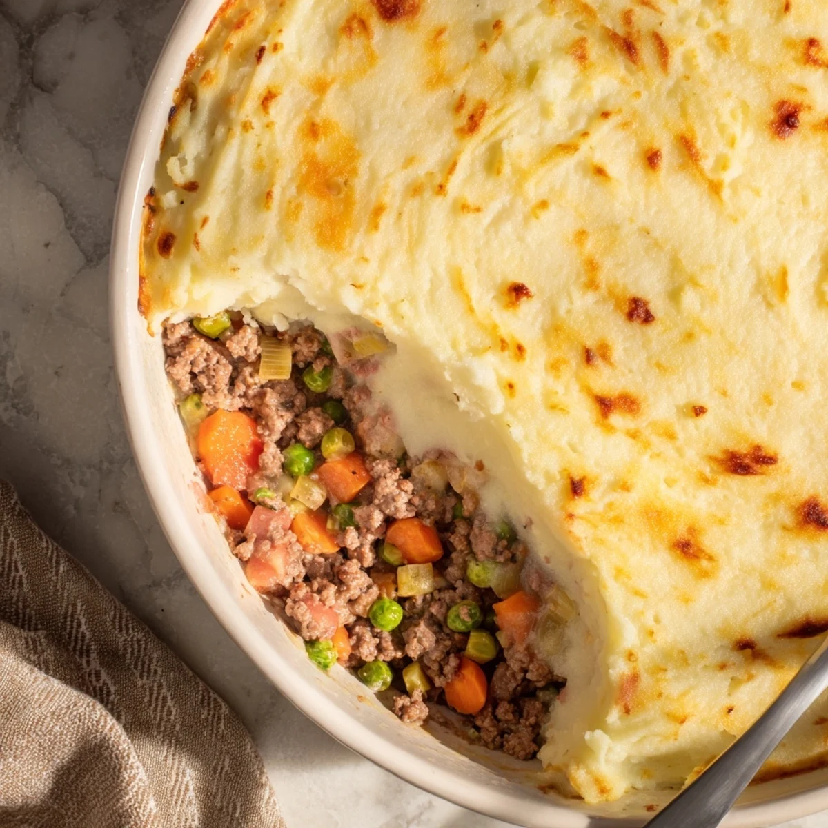 Freshly baked Beef Shepherds Pie with Cauliflower Mash garnished with herbs, served hot for dinner.