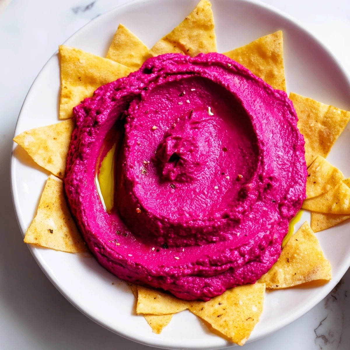Vibrant roasted beet hummus in a white bowl, garnished with olive oil and fresh herbs, alongside golden baked pita chips.