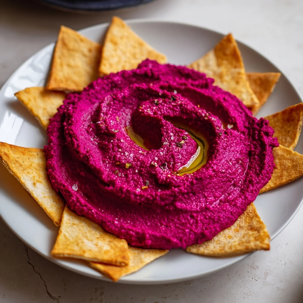 Deep magenta hummus with creamy texture, served with crispy homemade pita triangles on a rustic wooden board for easy snacking.
