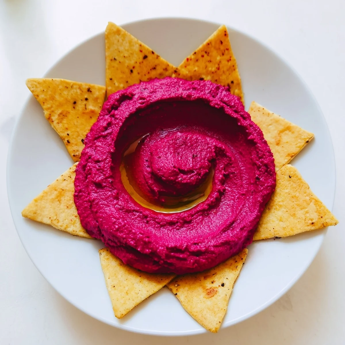 Colorful vegan appetizer featuring roasted beet hummus, lemon zest, and crunchy pita chips perfect for entertaining guests.