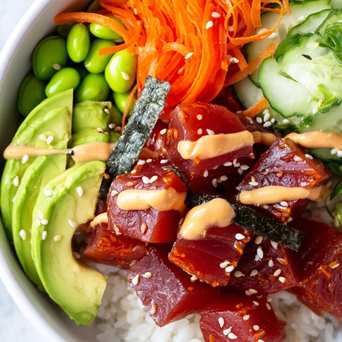 Colorful deconstructed sushi bowl featuring marinated raw tuna, edamame, nori strips, and ripe avocado on fluffy rice.