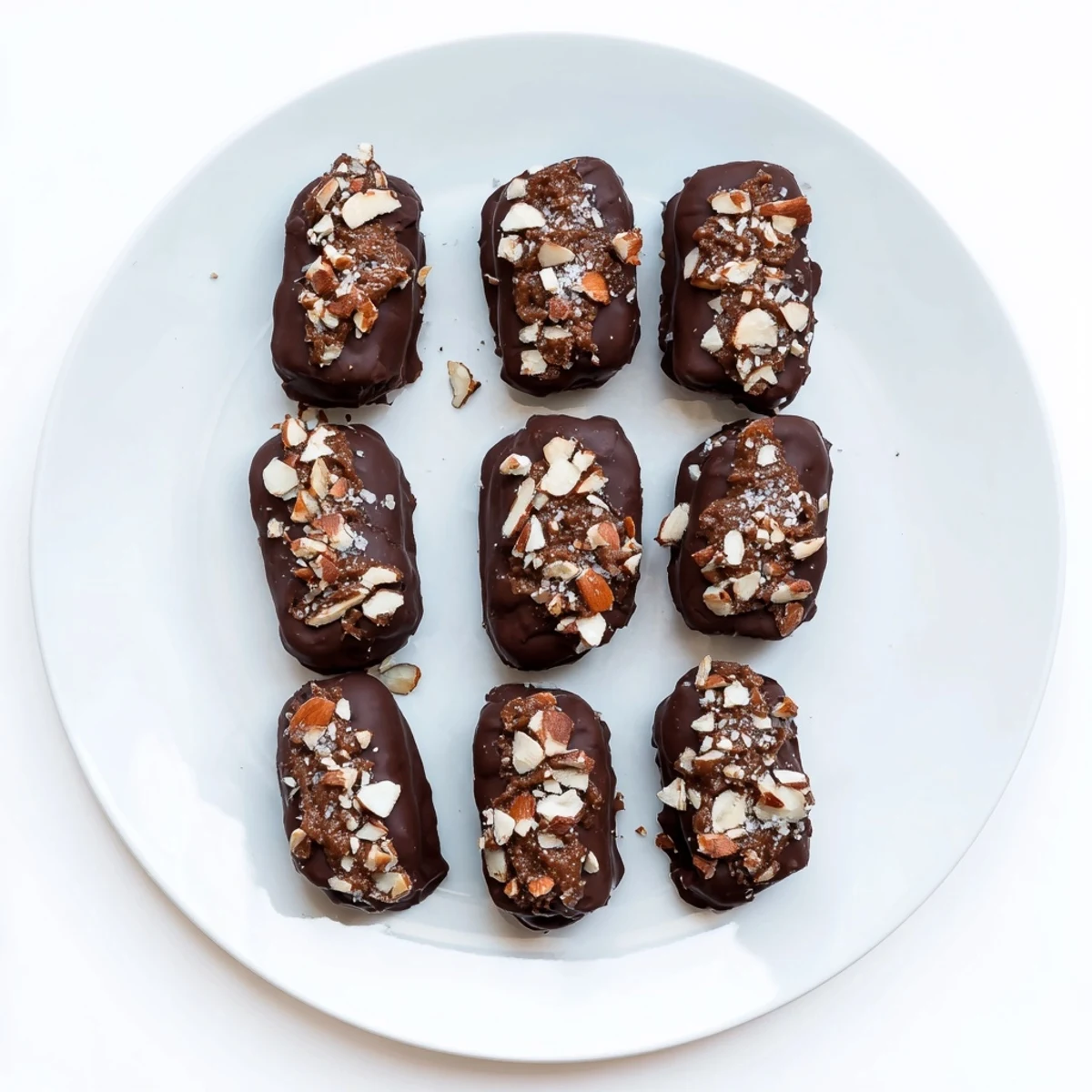 Freshly dipped Chocolate Covered Dates Stuffed with Almond Butter, garnished with chopped almonds and sea salt.