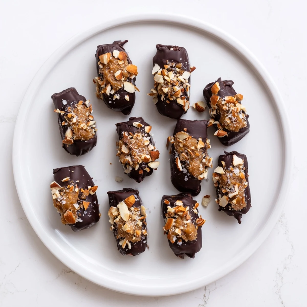 Dark chocolate covered dates stuffed with almond butter glisten on a cooling rack for a sweet snack.