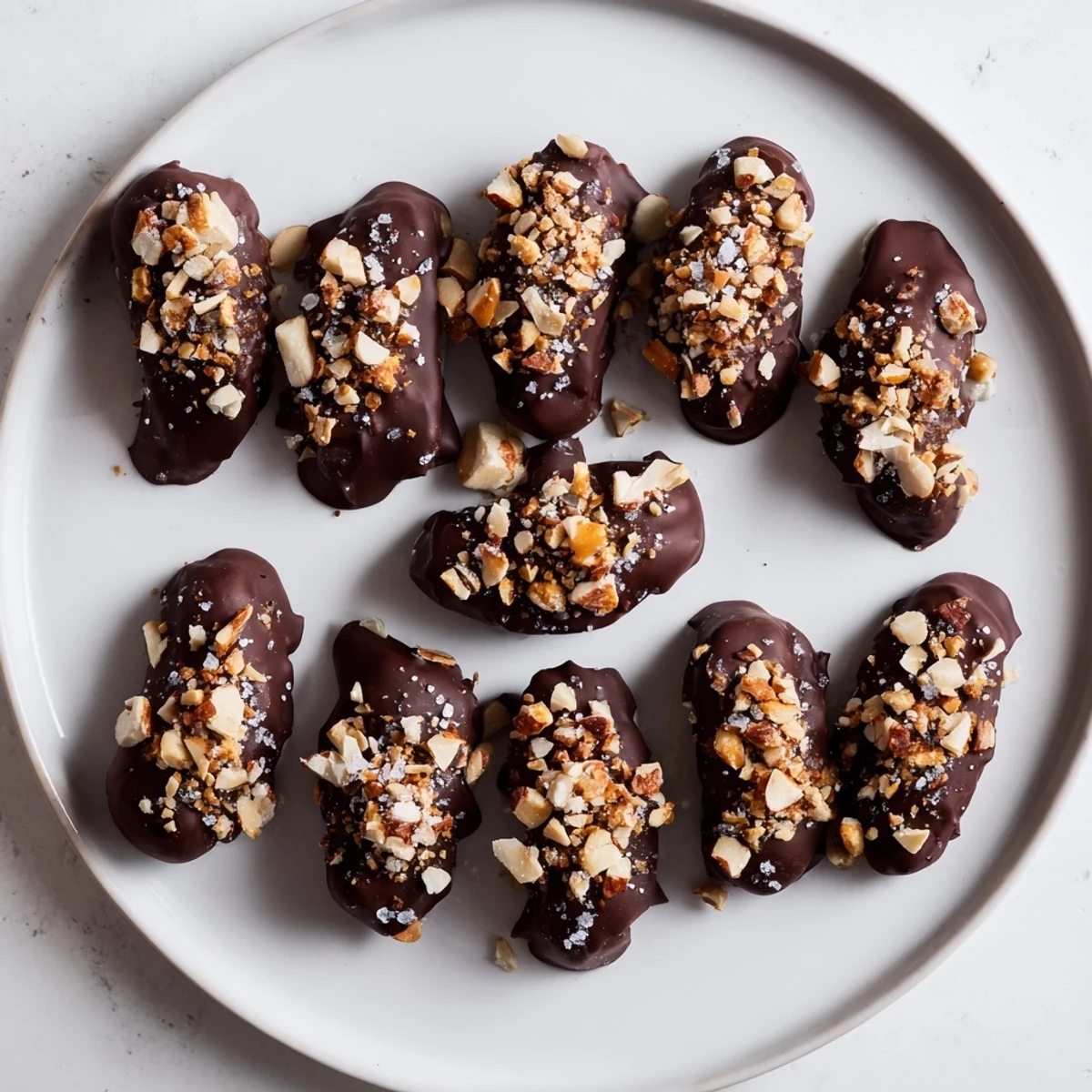 Serving suggestion for Chocolate Covered Dates Stuffed with Almond Butter, plated on a rustic wooden board.