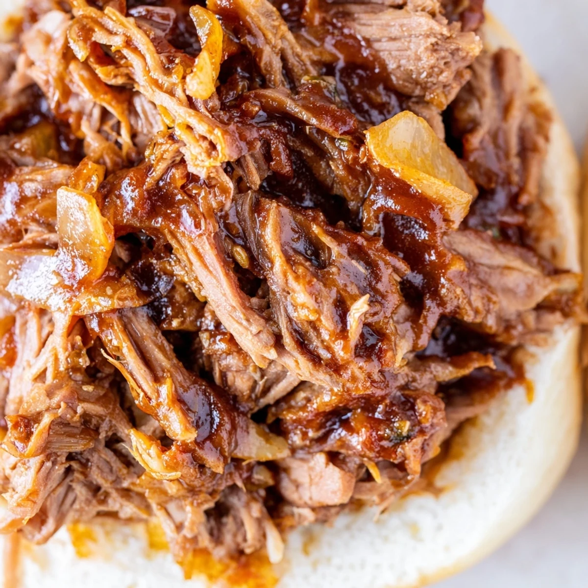 Tender shredded beef slow-cooked with onions and garlic, served warm on sandwich buns with pickles.
