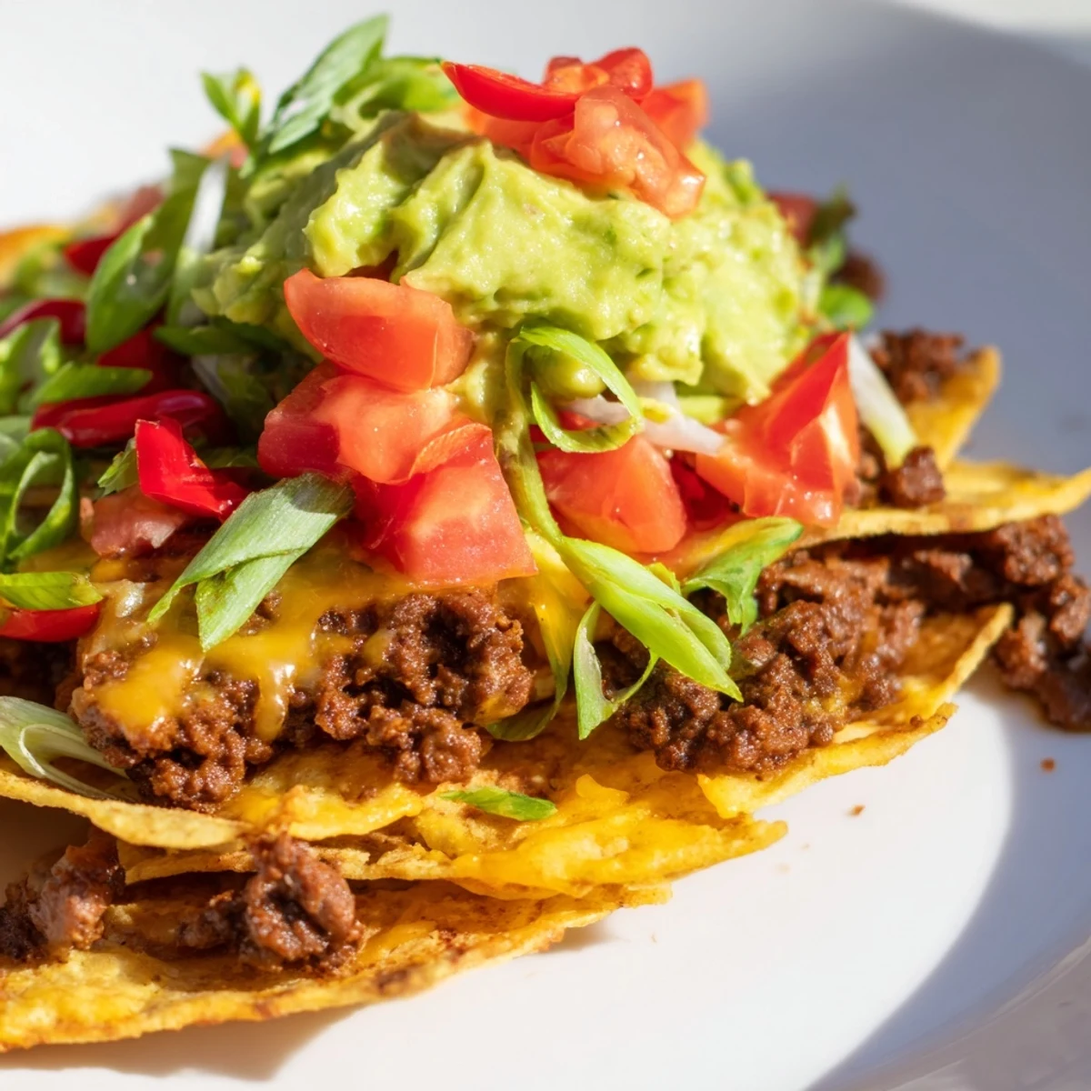 Golden beef nachos with melted cheese and fresh guacamole on a platter, ready for game night.  