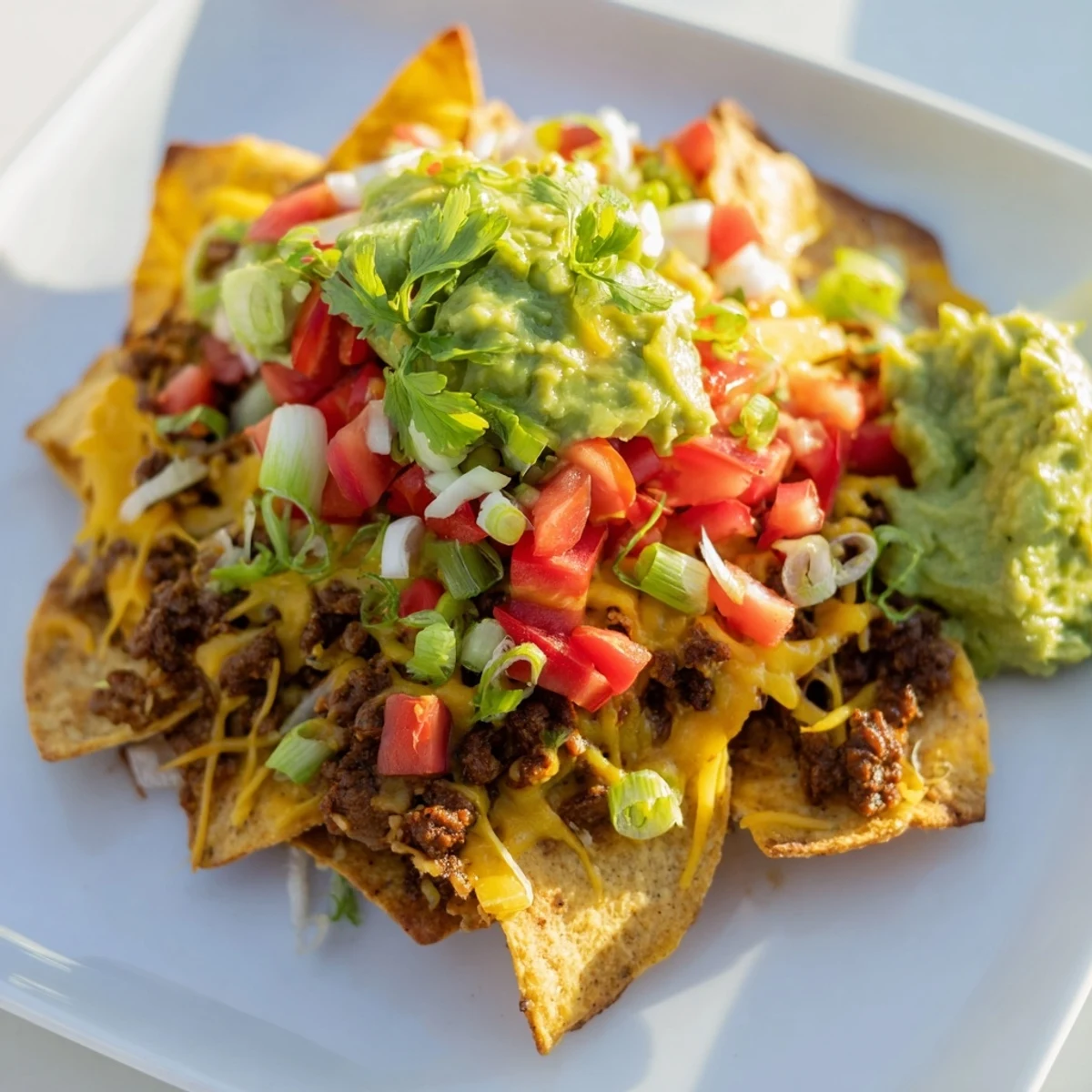 Homemade beef nachos with guacamole, tomatoes, and cilantro served on a colorful plate.  