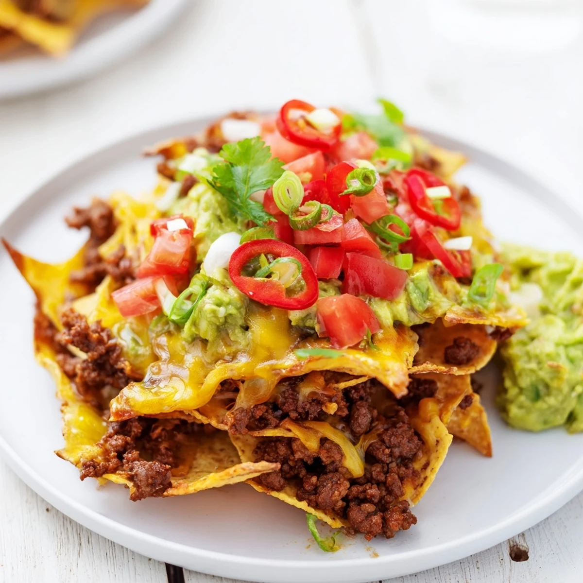 Spicy ground beef nachos with melted cheese, fresh toppings, and guacamole for sharing.