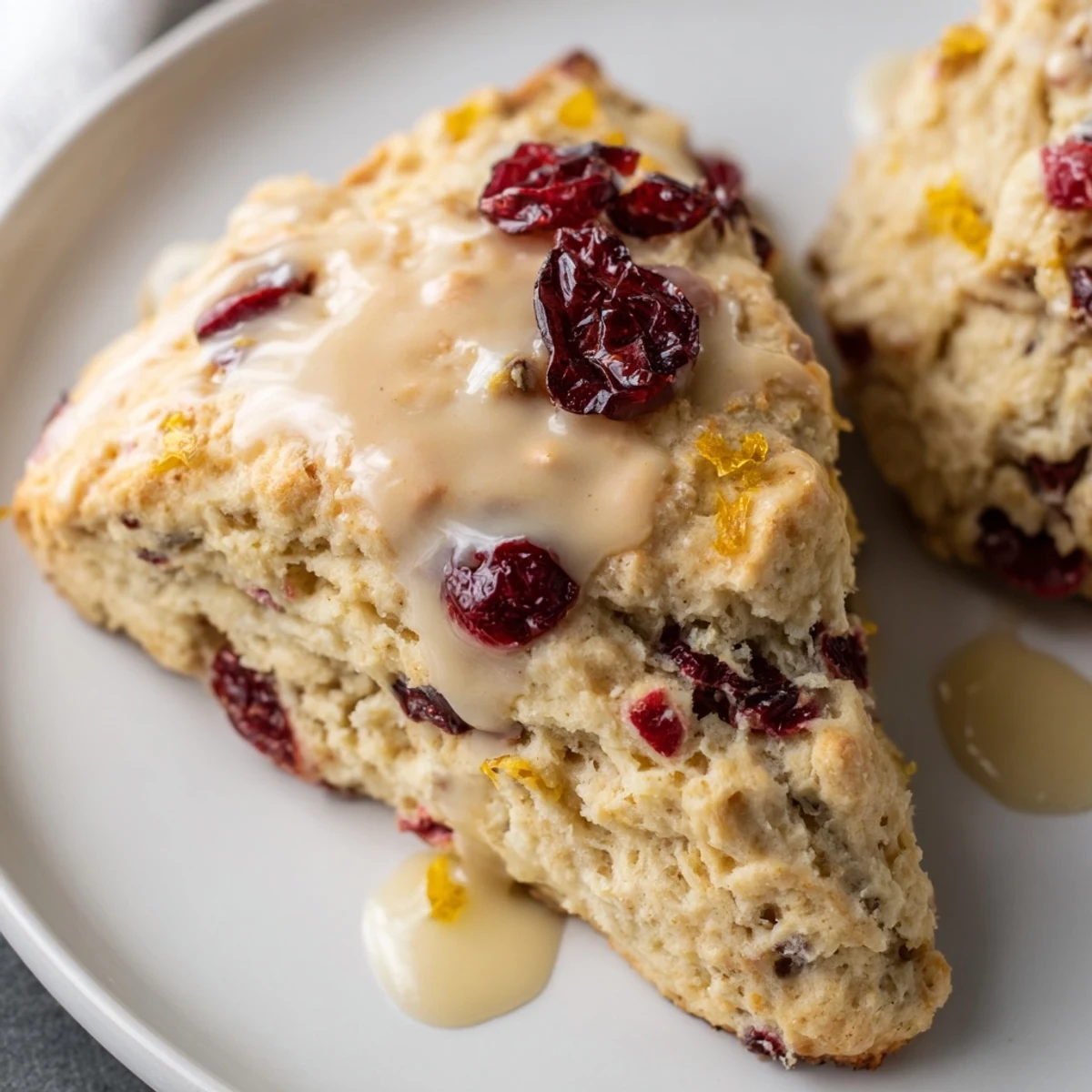 Freshly baked Cranberry Orange Scones cooling on a wire rack, showcasing a moist crumb studded with tart cranberries and bright orange zest.