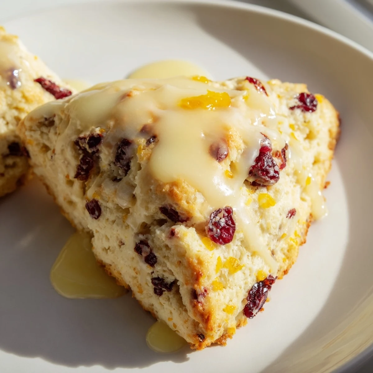 Golden-brown Cranberry Orange Scones with orange glaze drizzled over the top, served on a rustic wooden board for a cozy breakfast treat.