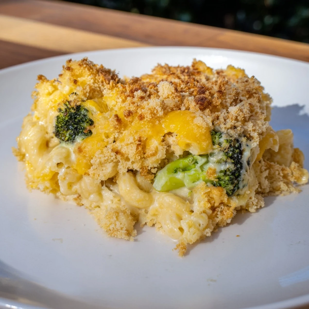 A serving of baked macaroni and cheese with broccoli, highlighting the gooey cheese sauce and bright green vegetable florets.