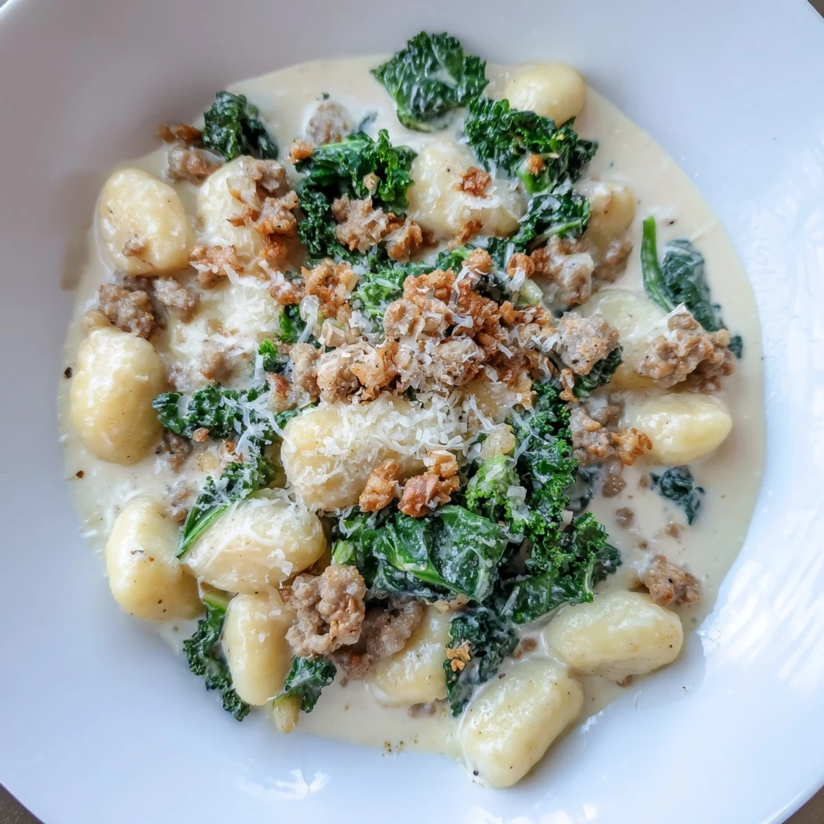 Pillowy gnocchi and browned Italian sausage mingle in a creamy Parmesan sauce with tender kale, perfect for a cozy weeknight dinner.  
