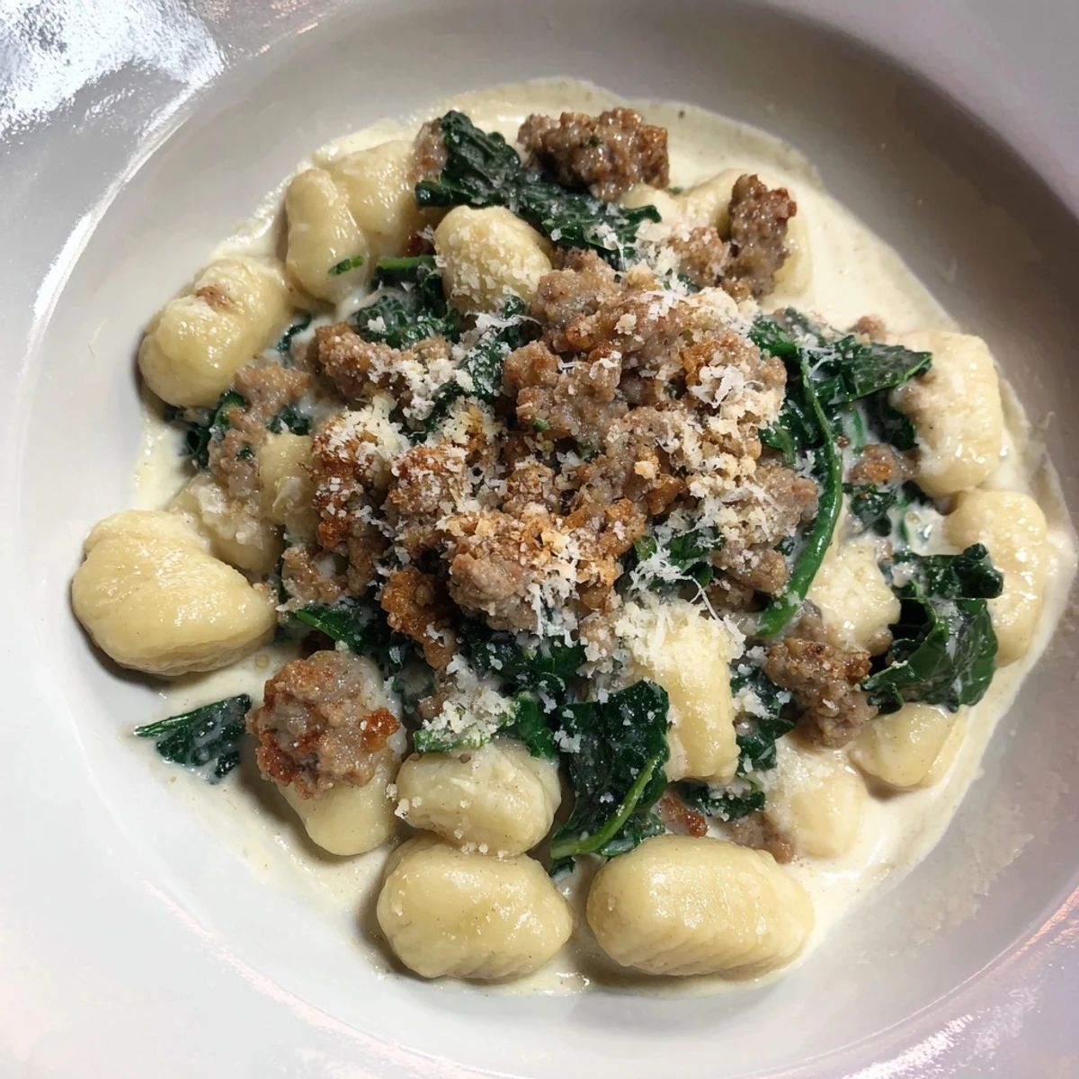 Golden gnocchi, savory sausage, and wilted kale bathed in luscious cream sauce, garnished with extra Parmesan for a comforting Italian-inspired main.  