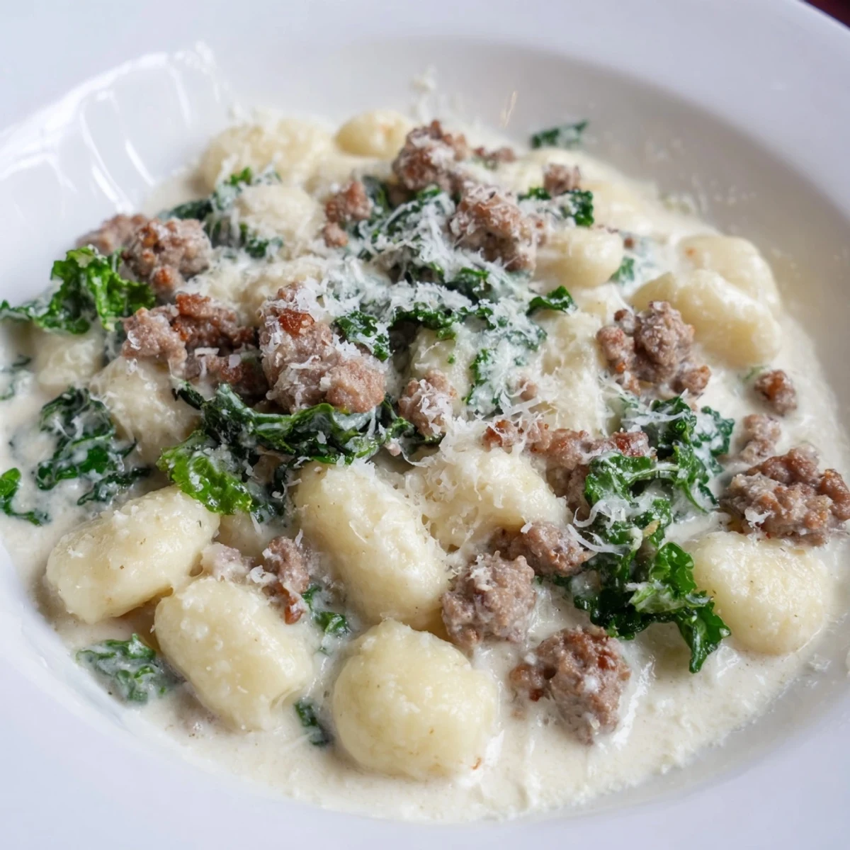 Spoon up warm Creamy Gnocchi with Sausage and Kale, where al dente dumplings meet rich sauce and hearty greens for a satisfying meal.