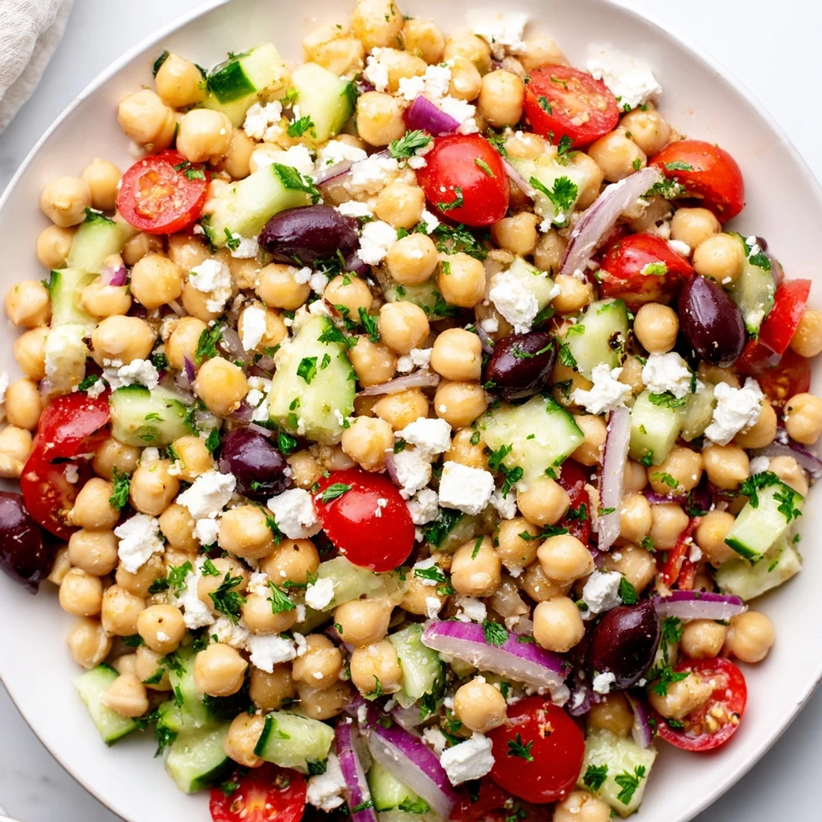 Close-up of Mediterranean Chickpea Salad with Feta, showcasing juicy tomatoes, crisp cucumbers, Kalamata olives, and crumbled feta cheese on a rustic table.