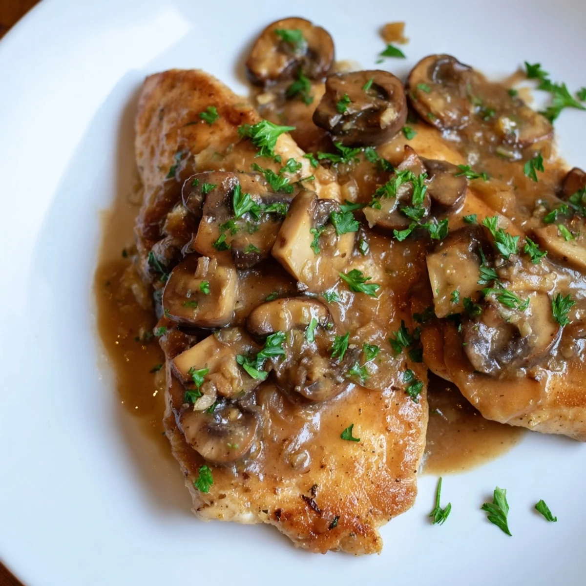 Tender golden chicken breasts simmered in a rich Marsala-style mushroom sauce, garnished with fresh parsley and ready to serve over creamy mashed potatoes.
