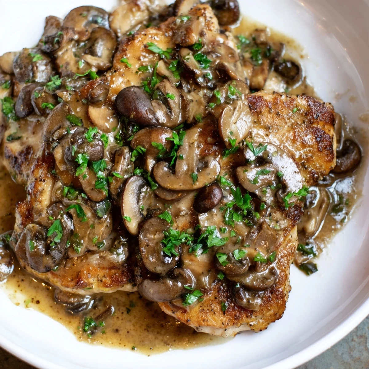 Savory sliced mushrooms and golden-brown chicken in a glossy, wine-free Marsala sauce, perfect for a comforting Italian-American weeknight dinner.