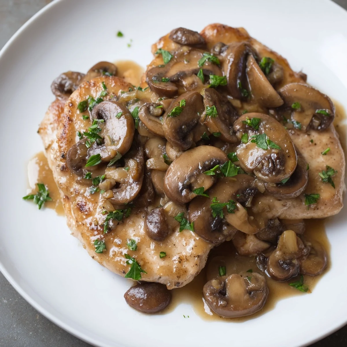 Pan-seared chicken and earthy mushrooms in a thickened Marsala-inspired sauce with garlic and thyme, served on a white plate with parsley garnish.