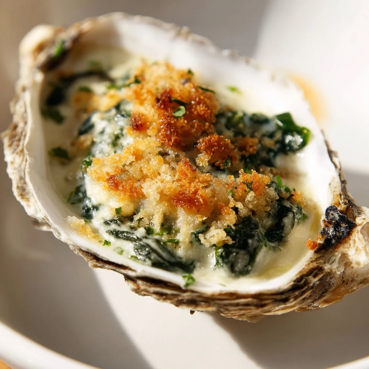 Golden, bubbling Romantic Oysters Rockefeller with spinach and Parmesan topping on a tray.