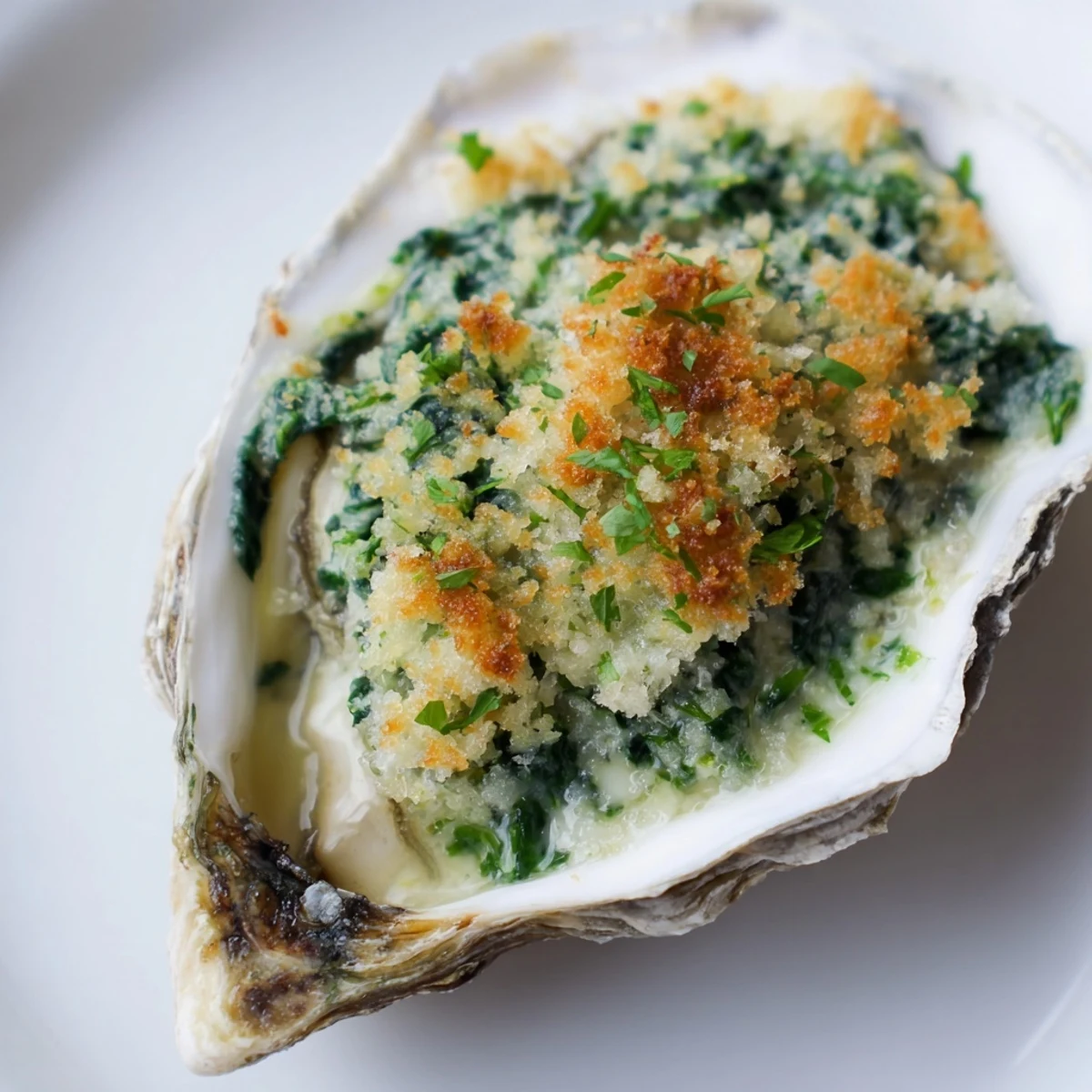 Freshly baked Romantic Oysters Rockefeller with lemon wedges served on rock salt.