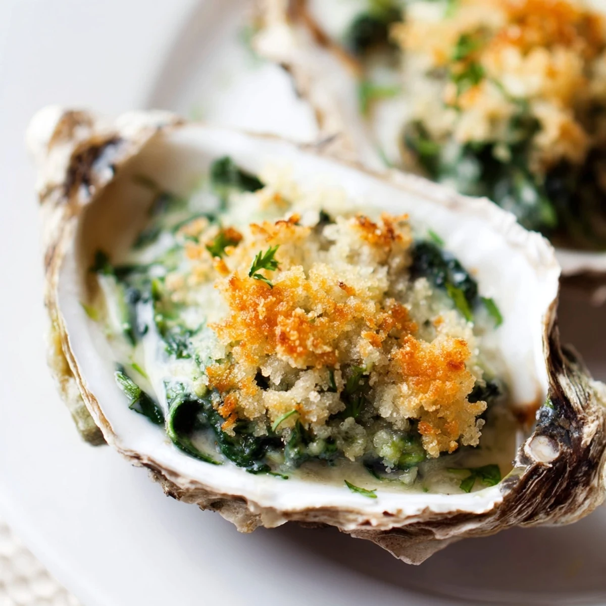 Luxurious Romantic Oysters Rockefeller appetizer with creamy spinach, breadcrumbs, and herbs.